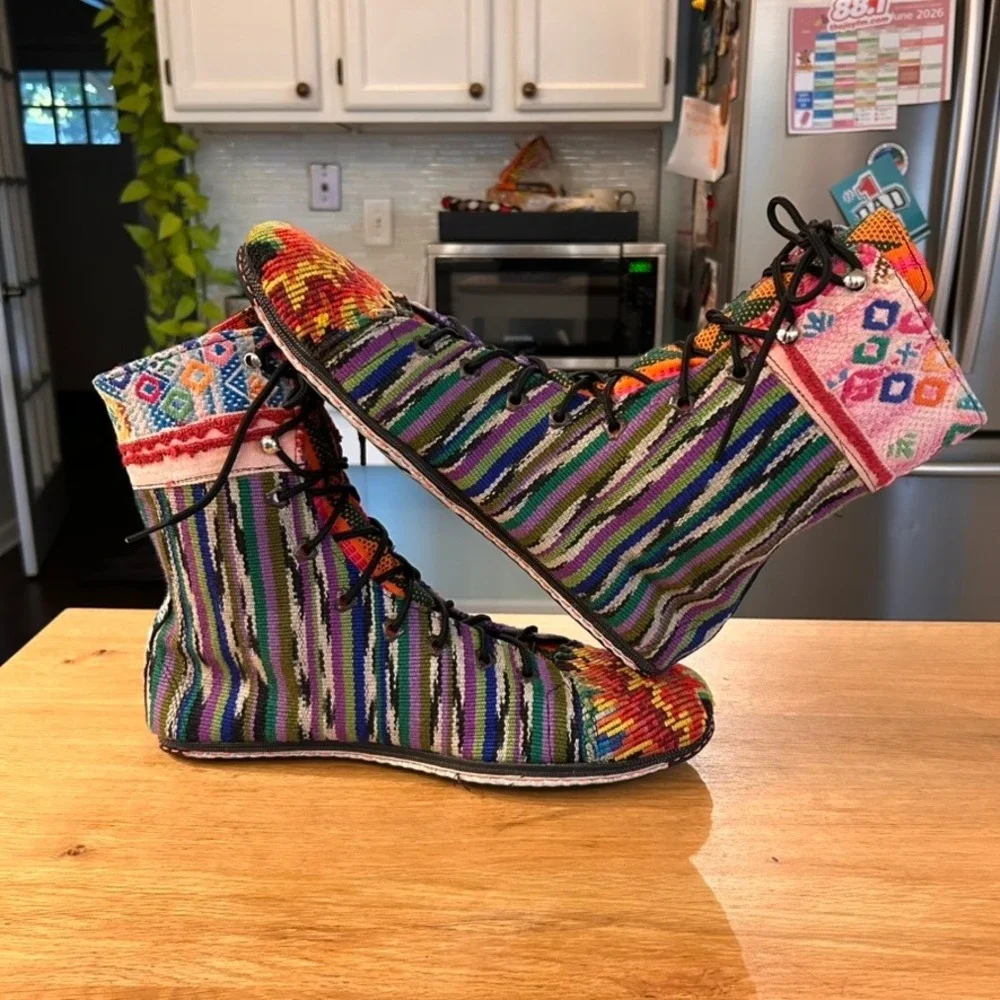 Handmade Guatemalan Huipil Boots Mens 11.5 45 Multi Color Woven Textile Lace Up